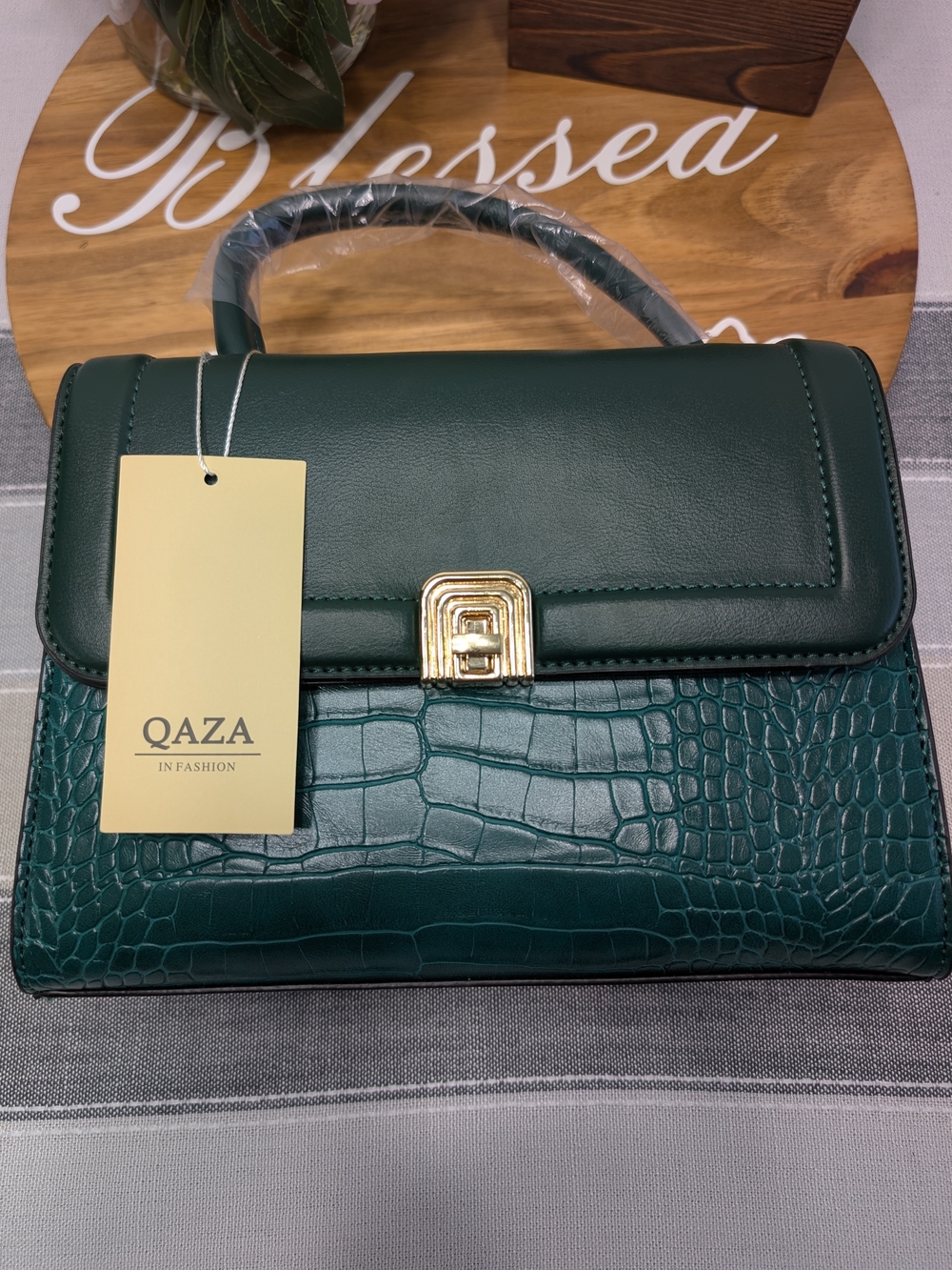Qaza Green Croc-Accent Top Handle Satchel/Crossbody